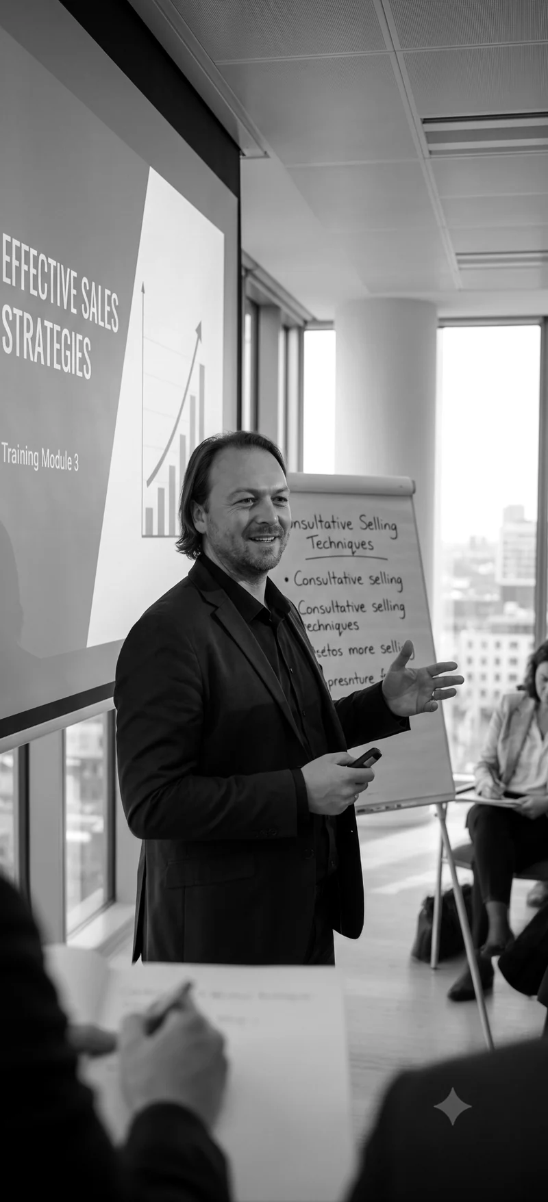 Steven Meel geeft een praktijkgerichte salestraining aan een team